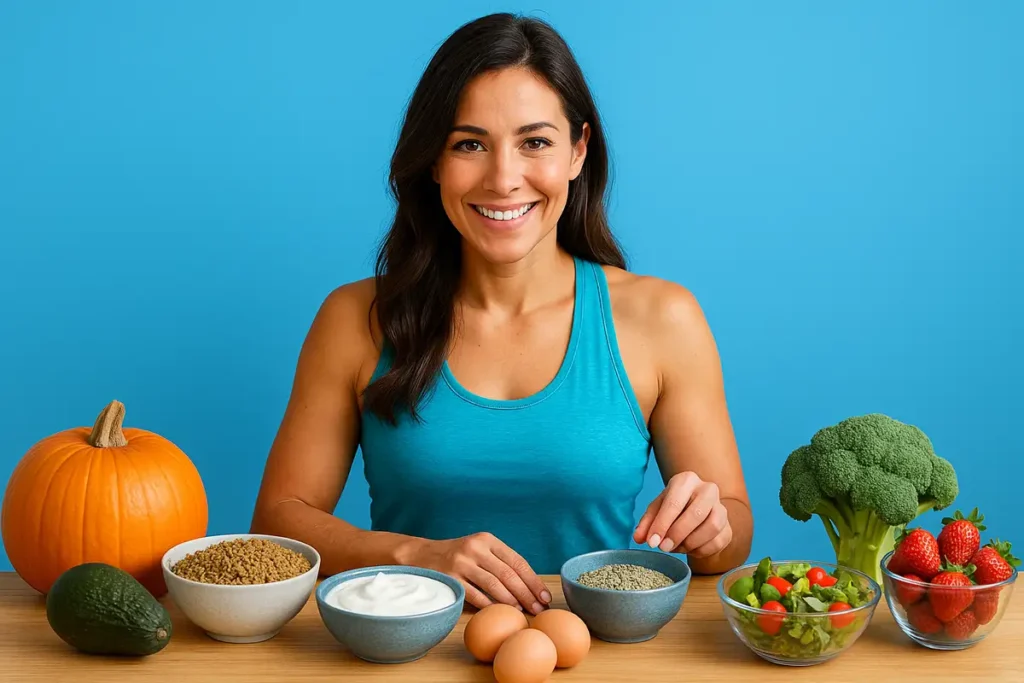 انواع غذاهای طبیعی کاهشدهنده اشتها مثل جو دوسر، تخممرغ، سیب و آووکادو روی میز چوبی