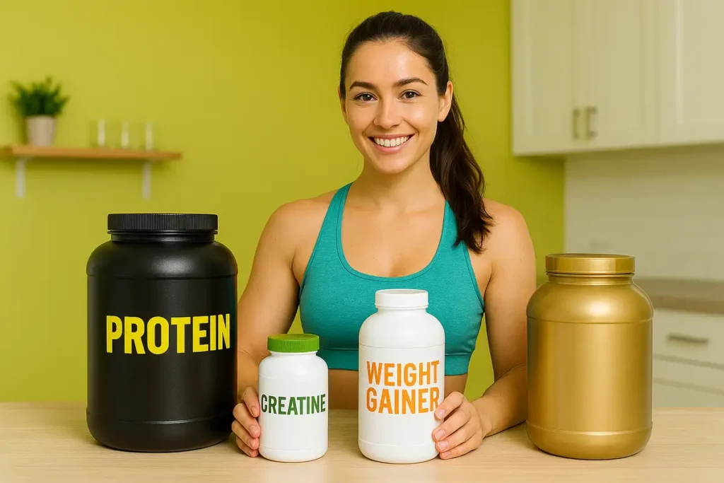 چیدمان مکملهای طبیعی افزایش وزن بانوان شامل وی، کراتین، جو دوسر و کره بادامزمینی روی میز مرمر