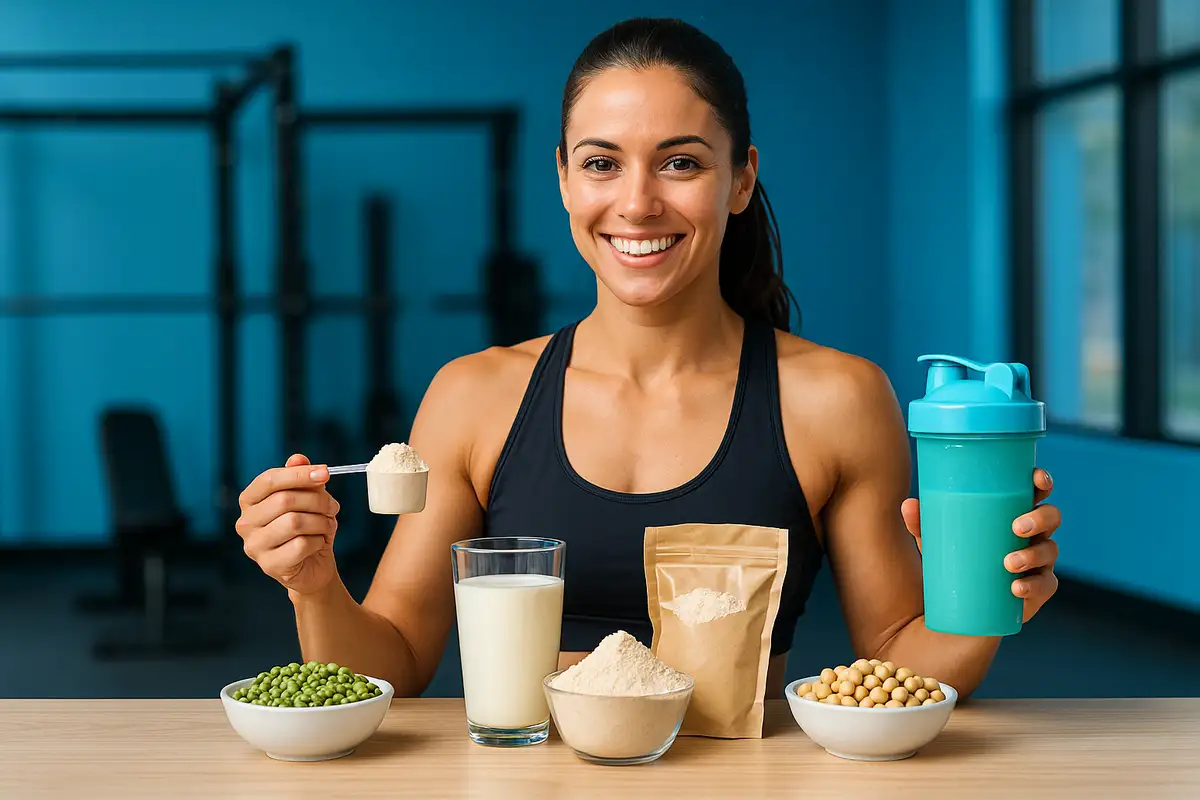 زن ورزشکار در باشگاه در حال مقایسه انواع پروتئین وی، کازئین و گیاهی