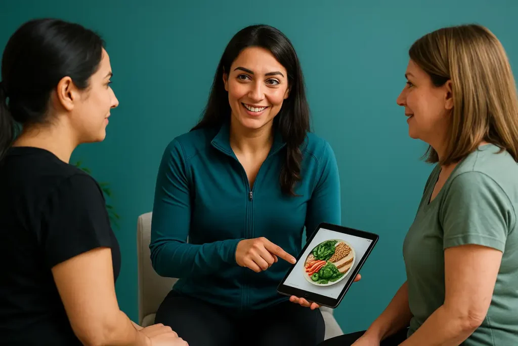 مربی فیتنس زن در جلسه مشاوره تغذیه با مراجعان زن در فضایی صمیمی