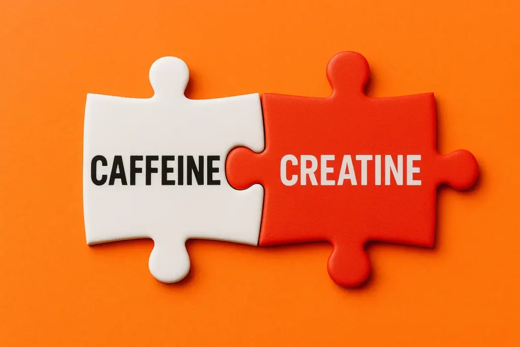 نمای نزدیک از پودر کراتین و دانههای قهوه روی میز باشگاه برای نشان دادن تداخل مکملها