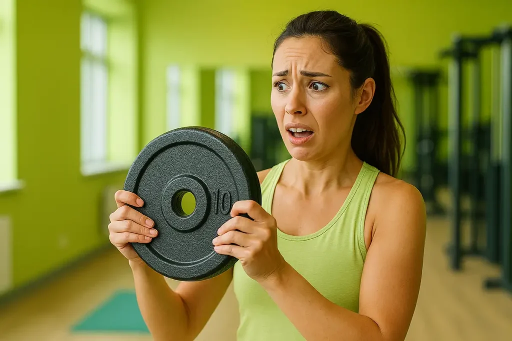 زن ورزشکار در باشگاه با تردید در برداشتن دمبل به دلیل ترس از وزنههای سنگین