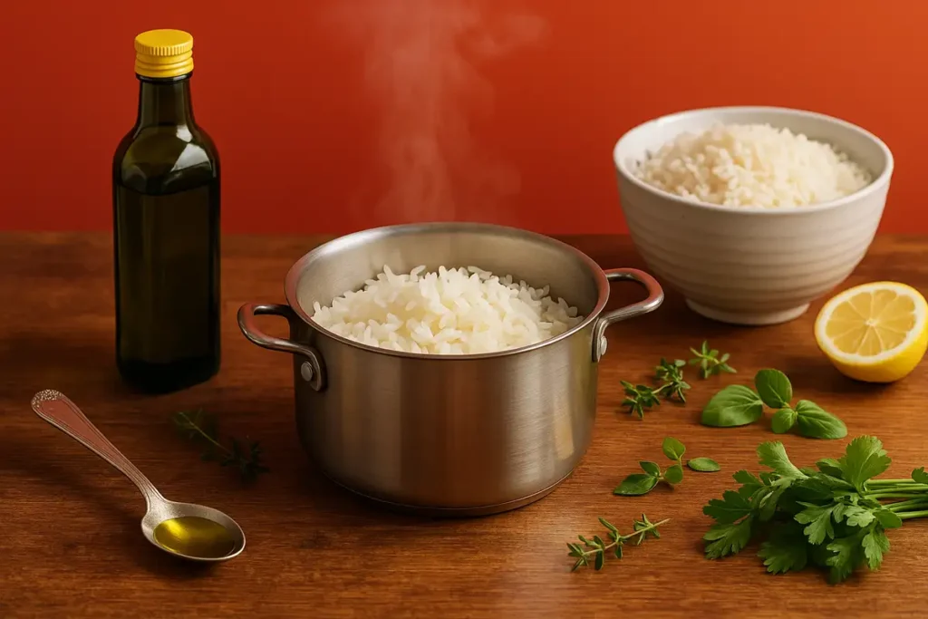 پخت برنج رژیمی با روغن زیتون و خنککردن برای کاهش کالری روی میز چوبی آشپزخانه