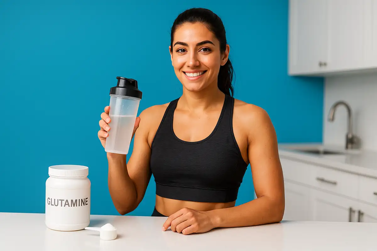 زن ورزشکار ایرانی در حال مصرف گلوتامین در محیطی روشن و مدرن برای تصویر اصلی مقاله