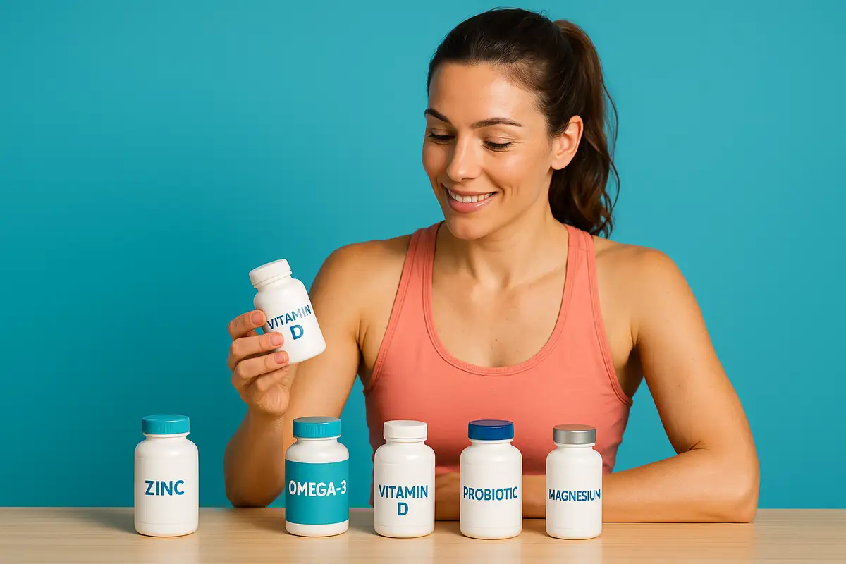 تصویر زن ورزشکار و مکملهای تقویت سیستم ایمنی روی میز