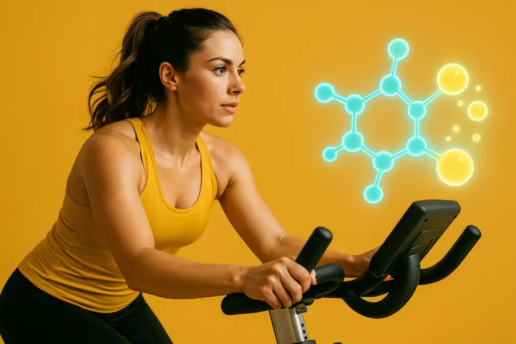 زن روی دوچرخه ثابت با نمایش مولکول الکارنیتین و انتقال چربی به سلولها