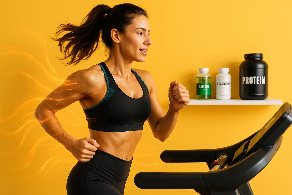 زن ورزشکار روی تردمیل در حال چربی‌سوزی با تصویر مکمل‌های افزایش متابولیسم