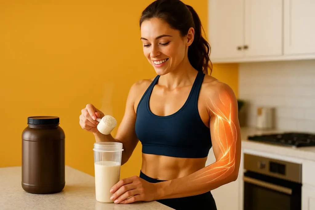 زن در حال آمادهسازی شیک پروتئین وی با نمای عضلات برای افزایش متابولیسم