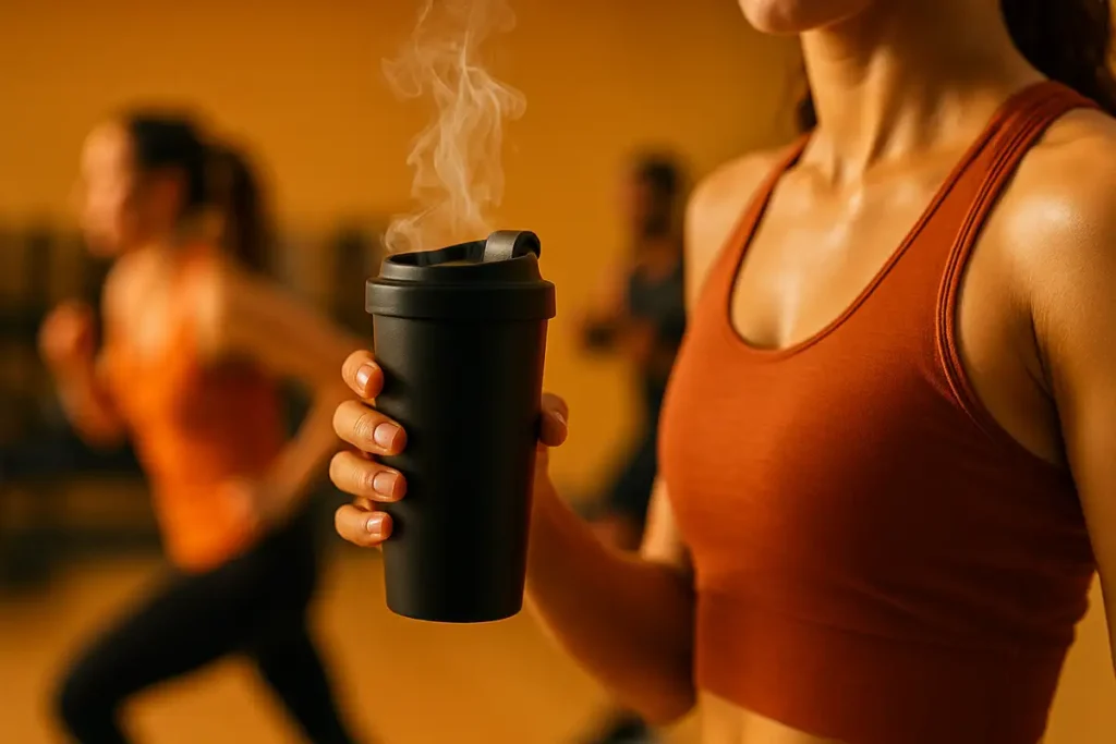 نمای نزدیک فنجان کافئین در دست زن ورزشکار برای افزایش انرژی و متابولیسم