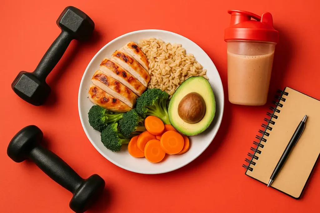 غذای سالم شامل مرغ گریل، برنج قهوه‌ای و سبزیجات برای عضله‌سازی بانوان بدون افزایش حجم