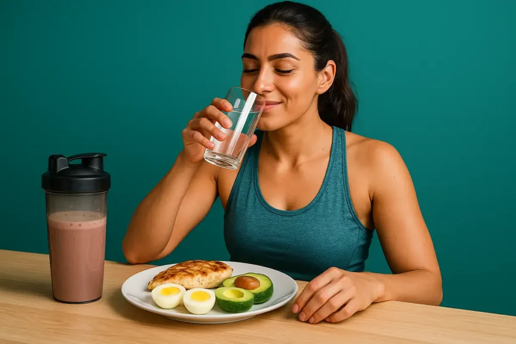 وعده غذایی بعد از تمرین شامل مرغ گریل، ماست یونانی و شیک پروتئین برای ریکاوری عضلات بالاتنه بانوان