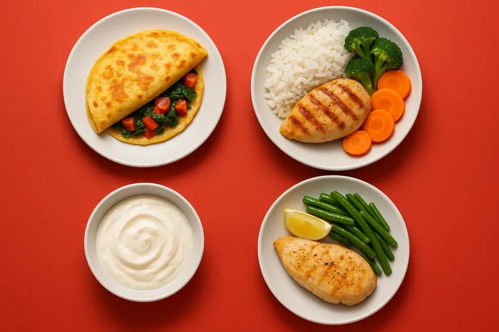 چهار وعده غذایی سالم شامل برنج، مرغ، املت و ماهی برای برنامه یکروزه رژیم لاغری زنان