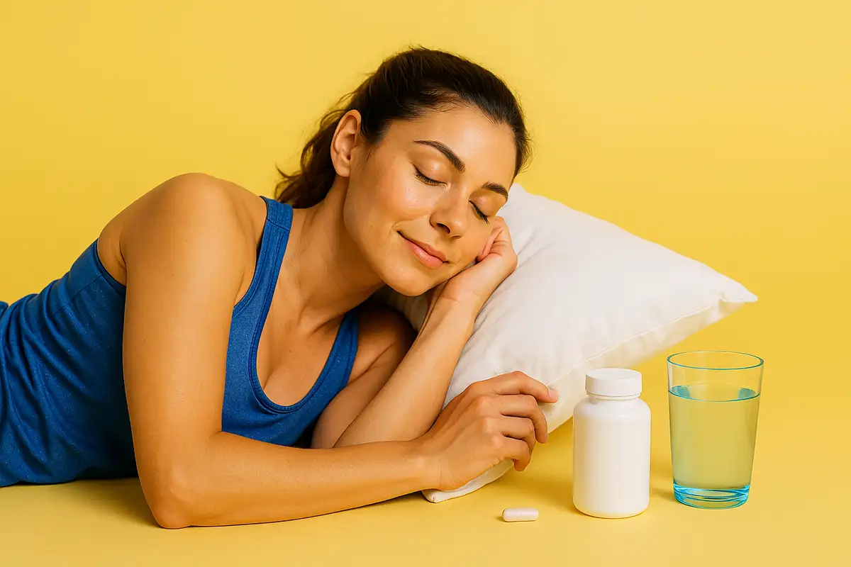 زن ورزشکار که در حال خواب عمیق است و چند مکمل ورزشی افزایش کیفیت خواب در کنار او قرار دارد.