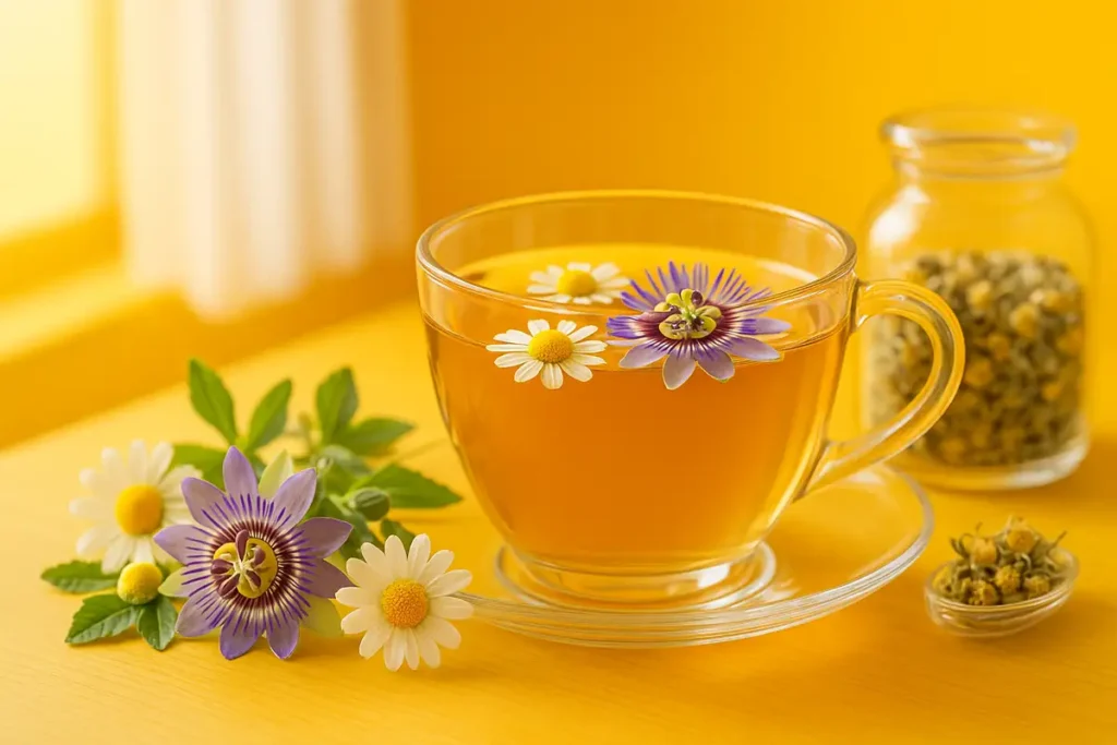 فنجان دمنوش گل ساعتی و بابونه با نور گرم طبیعی و فضای آرامشبخش برای خواب بهتر بانوان