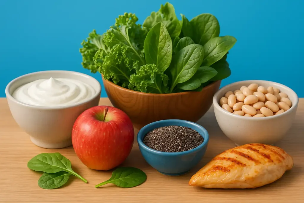 چیدمان مواد غذایی سیرکننده مثل ماست یونانی، سیب، چیا، سبزیجات و پروتئین کمچرب برای افزایش سیری طبیعی