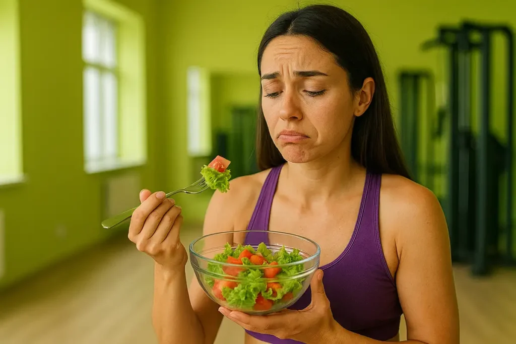 زن خسته در آشپزخانه با وعده غذایی کمکالری در حال نشان دادن تغذیه ناکافی