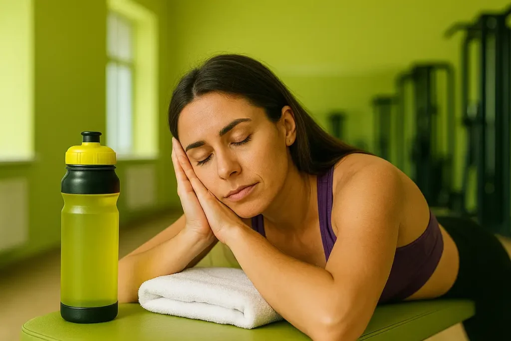 زن ورزشکار در حال استراحت پس از تمرین برای ریکاوری و خواب کافی در بدنسازی