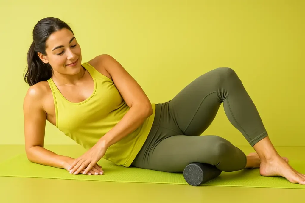 زن ورزشکار در حال فوم رولینگ برای نمایش ریکاوری سریعتر با کراتین