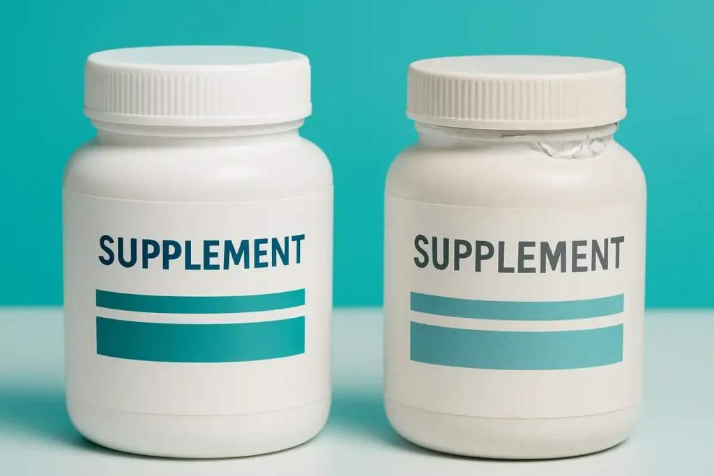 مقایسه بسته‌بندی مکمل اصل و تقلبی با تفاوت کیفیت چاپ و پلمب