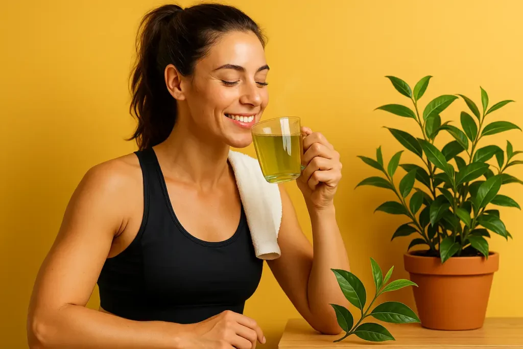 زن ورزشکار در حال نوشیدن چای سبز پس از تمرین با نور طبیعی و حس آرامش