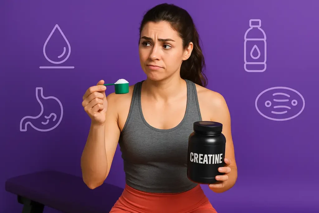 زن ورزشکار هنگام بررسی عوارض جانبی مصرف کراتین