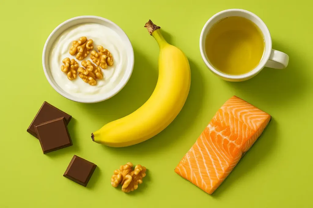 نمای بالا از بهترین غذاهای کاهش‌دهنده کورتیزول شامل ماست یونانی، موز، شکلات تلخ، چای سبز و سالمون