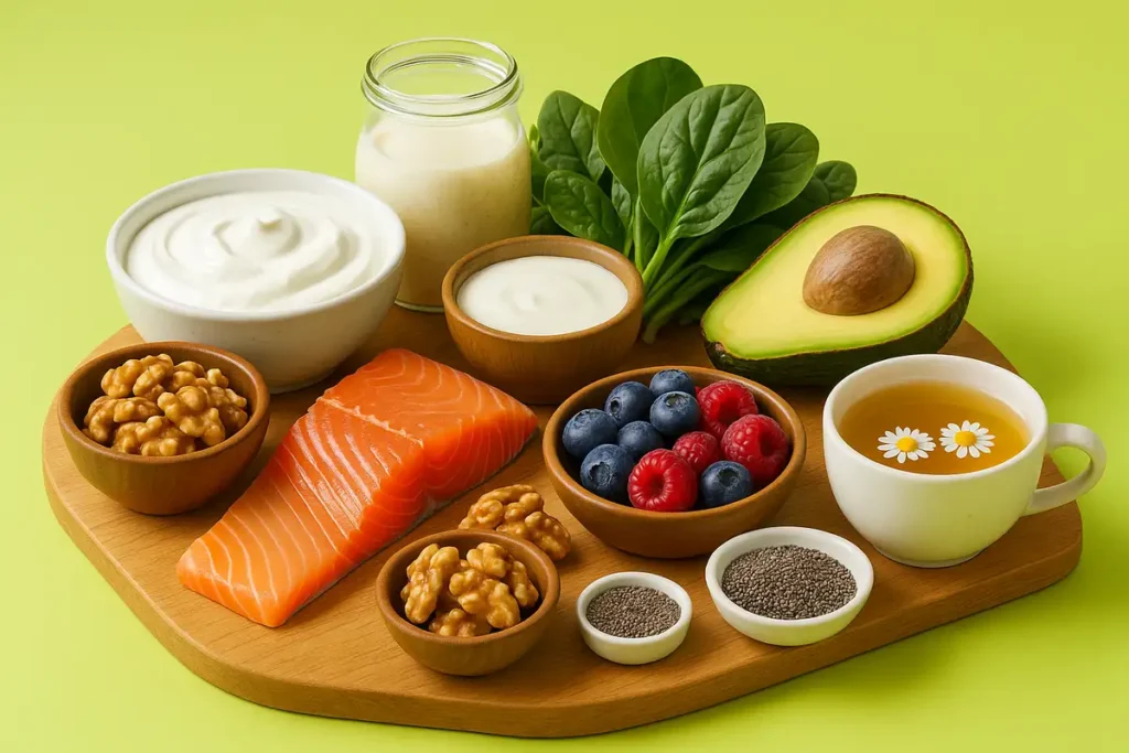 سینی کامل غذاهای ضد استرس شامل سالمون، گردو، ماست پروبیوتیک، اسفناج، آووکادو، بری‌ها و دمنوش بابونه