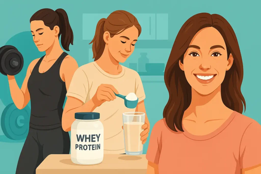 نمای ترکیبی از فواید پروتئین وی برای زنان شامل ورزش، تغذیه و زیبایی پوست