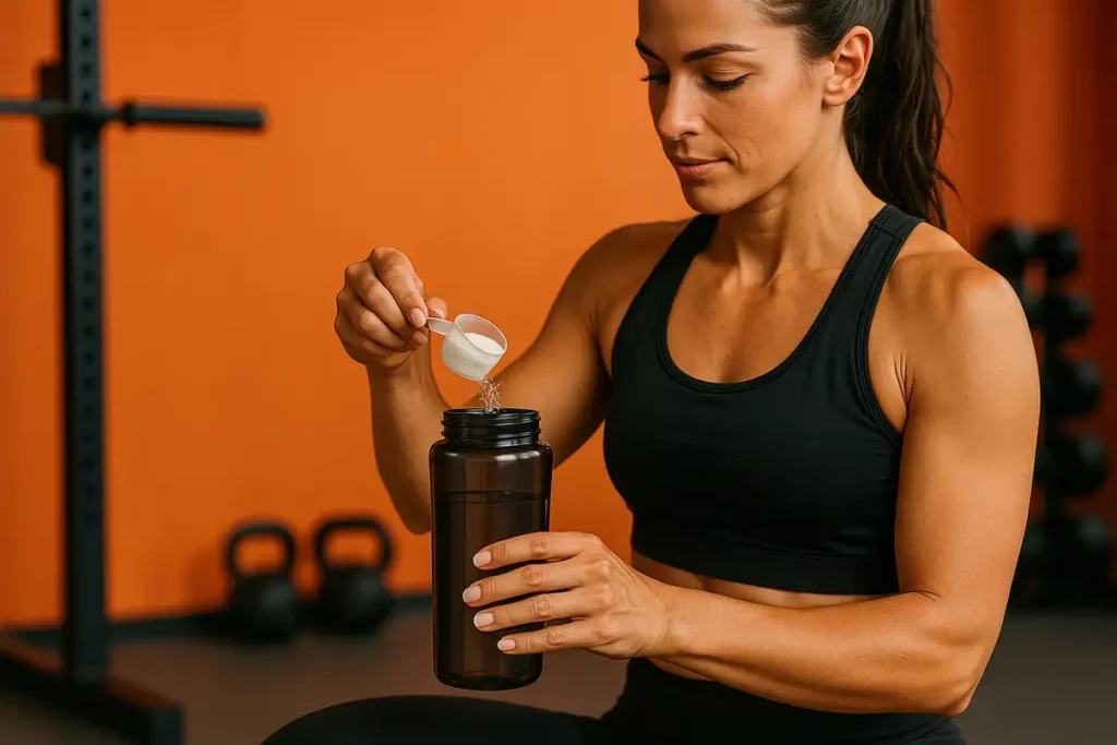 زن در باشگاه هنگام مصرف کراتین با دوز کم برای افزایش قدرت بدون حجم