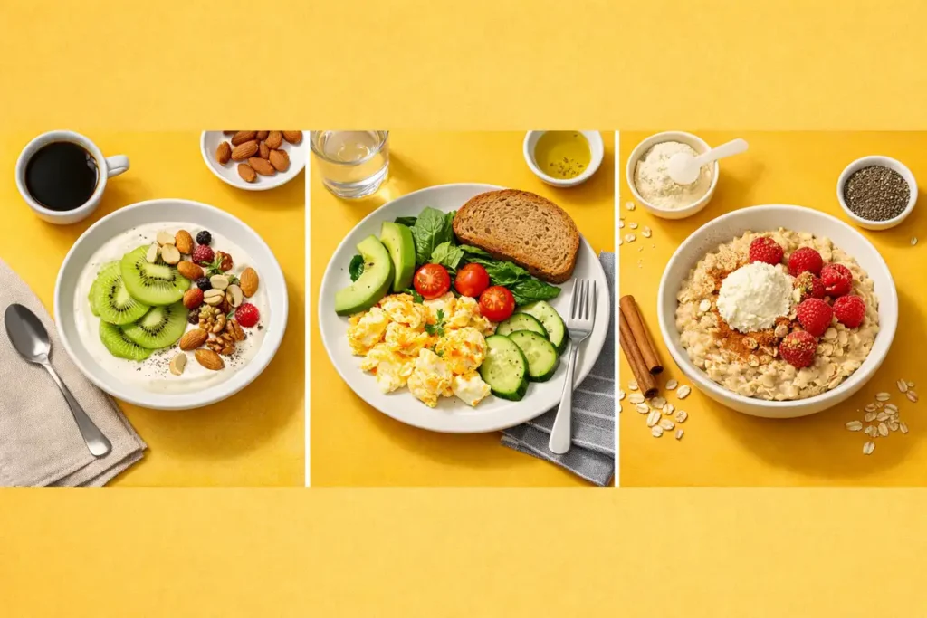 سه منوی مختلف صبحانه چربیسوز برای زنان شامل ماست، تخممرغ و اوتمیل برای کاهش وزن مؤثر