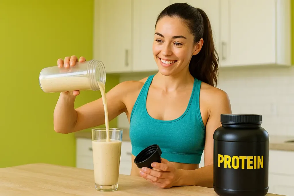 زن ورزشکار در باشگاه در حال آمادهکردن شیک مکمل افزایش وزن پس از تمرین