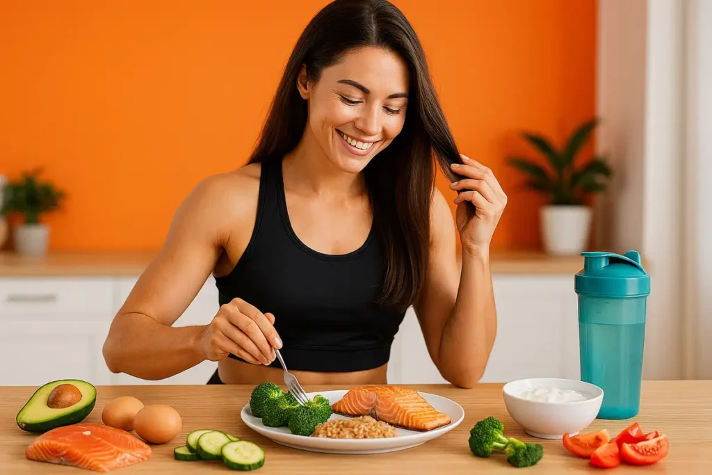 زن ورزشکار در حال آماده‌سازی غذای سرشار از پروتئین و کالری کافی برای جلوگیری از ریزش مو