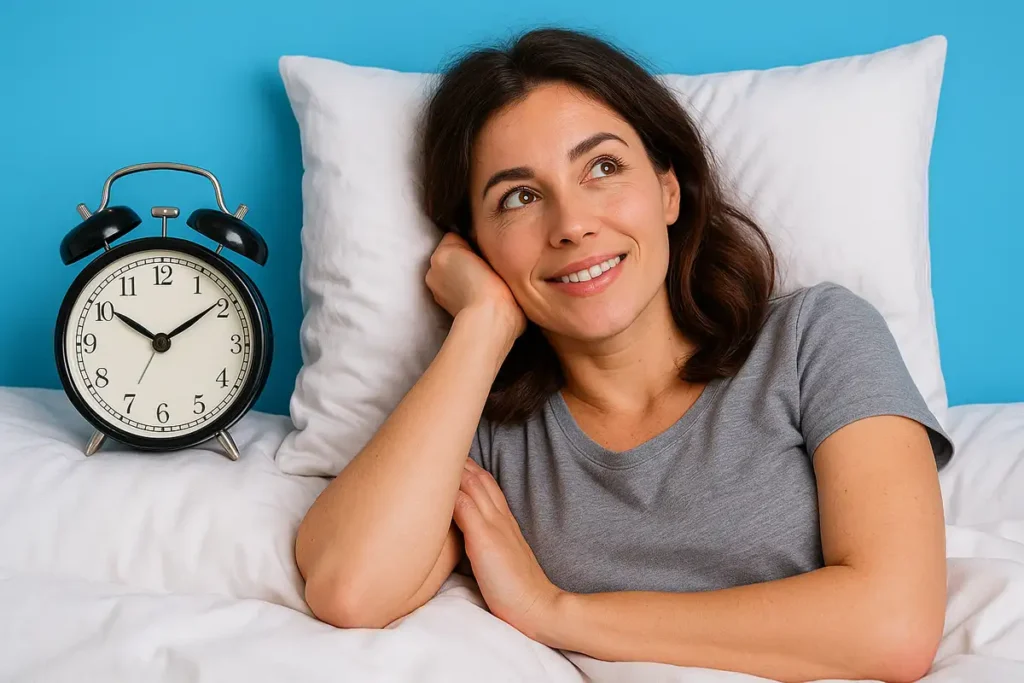 زن ورزشکار خسته در اتاق خواب آرام با فنجان دمنوش، نمادی از تأثیر خواب و استرس بر کنترل اشتها