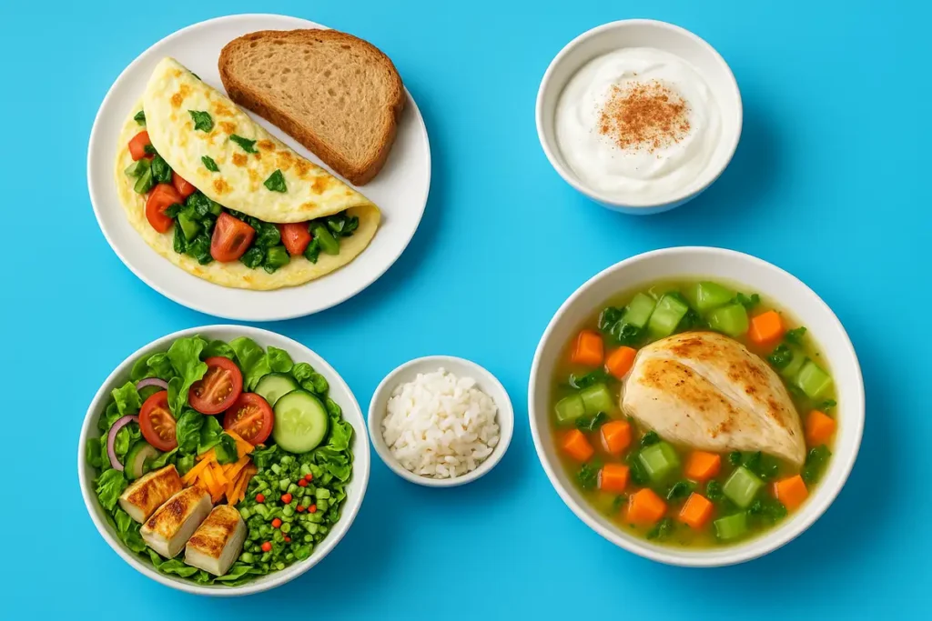 چهار وعده غذایی در یک روز کامل برای لاغری بدون گرسنگی شامل صبحانه، میانوعده، ناهار و شام