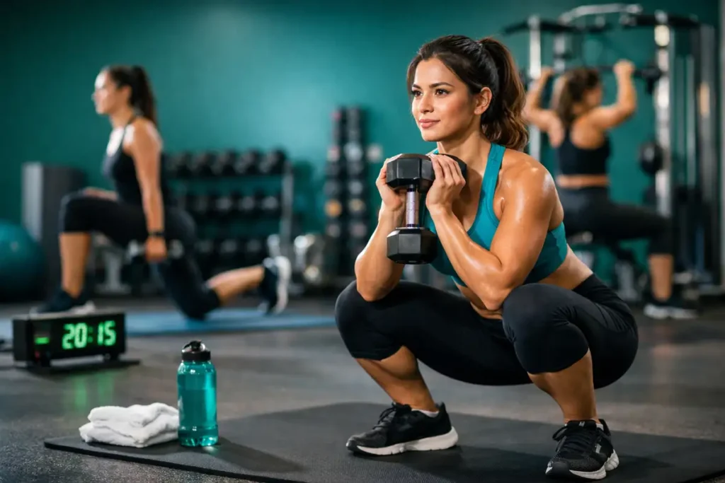 نمونه تمرینات بدنسازی بانوان در باشگاه شامل اسکوات و لانج برای چربیسوزی و کاهش وزن