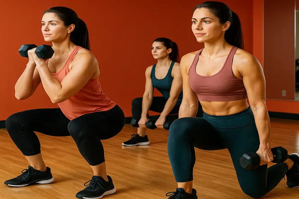 چند زن در حال انجام حرکات بدنسازی مانند اسکوات و پلانک برای فرم‌دهی بدن بدون حجم زیاد