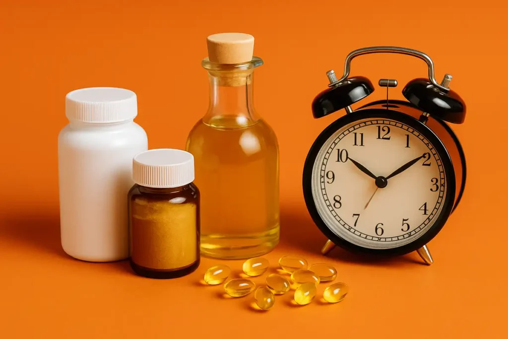 تصویر واقعی از مکمل ویتامین D در کنار تخممرغ و روغن زیتون برای نشان دادن جذب بهتر با چربی