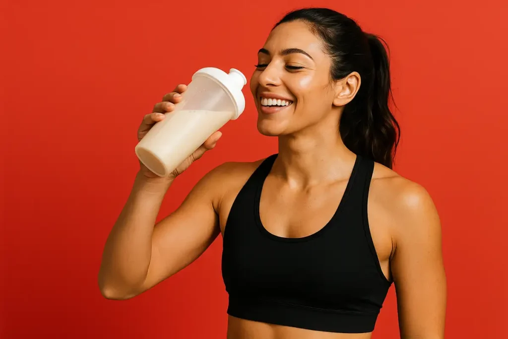 بانوی ورزشکار در حال نوشیدن شیک پروتئینی پس از تمرین در باشگاه مدرن