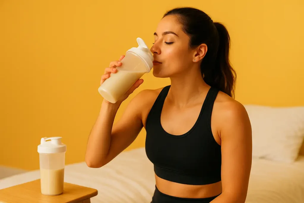 زن ورزشکار در حال نوشیدن شیک پروتئین کازئین قبل از خواب برای ریکاوری عضلات با نور گرم شبانه