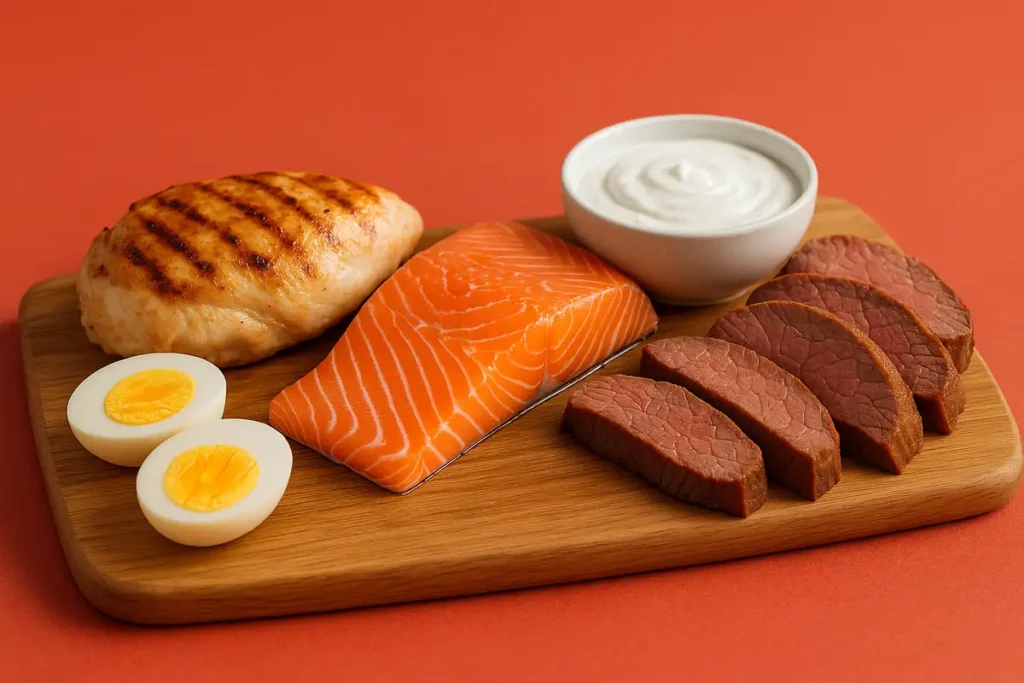 انواع پروتئینهای حیوانی مانند مرغ، ماهی، تخممرغ و ماست برای بانوان ورزشکار