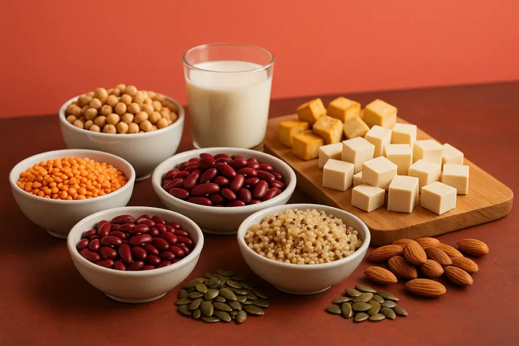 منابع گیاهی پروتئین مانند عدس، لوبیا، کینوا و مغزها برای تغذیه سالم بانوان