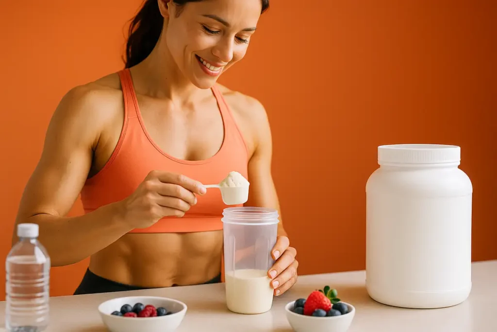 زن در حال آمادهسازی پروتئین وی ایزوله برای عضله سازی بدون افزایش حجم