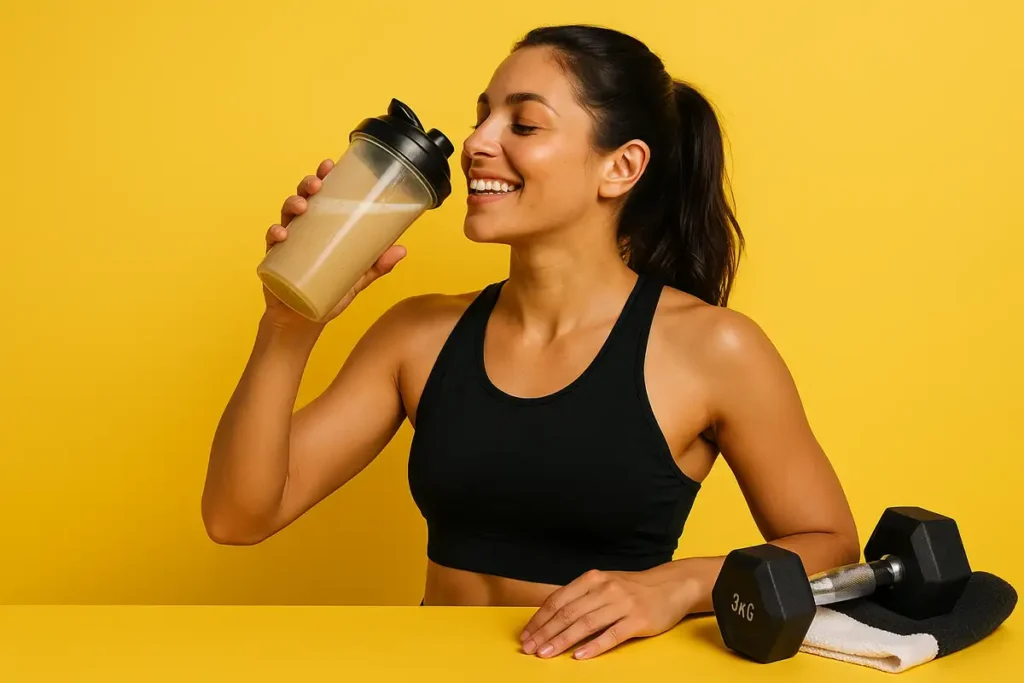 زن ورزشکار در باشگاه در حال نوشیدن شیک پروتئین وی پس از تمرین برای چربی‌سوزی و عضله‌سازی