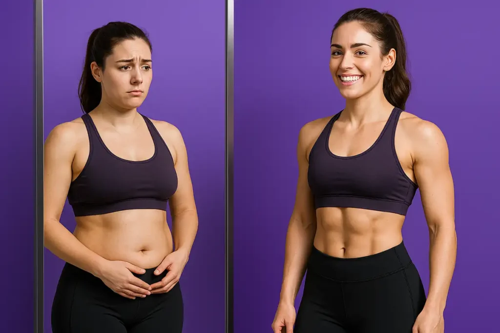 مقایسه بدن زن قبل و بعد از مصرف کراتین برای نمایش ورم احتمالی