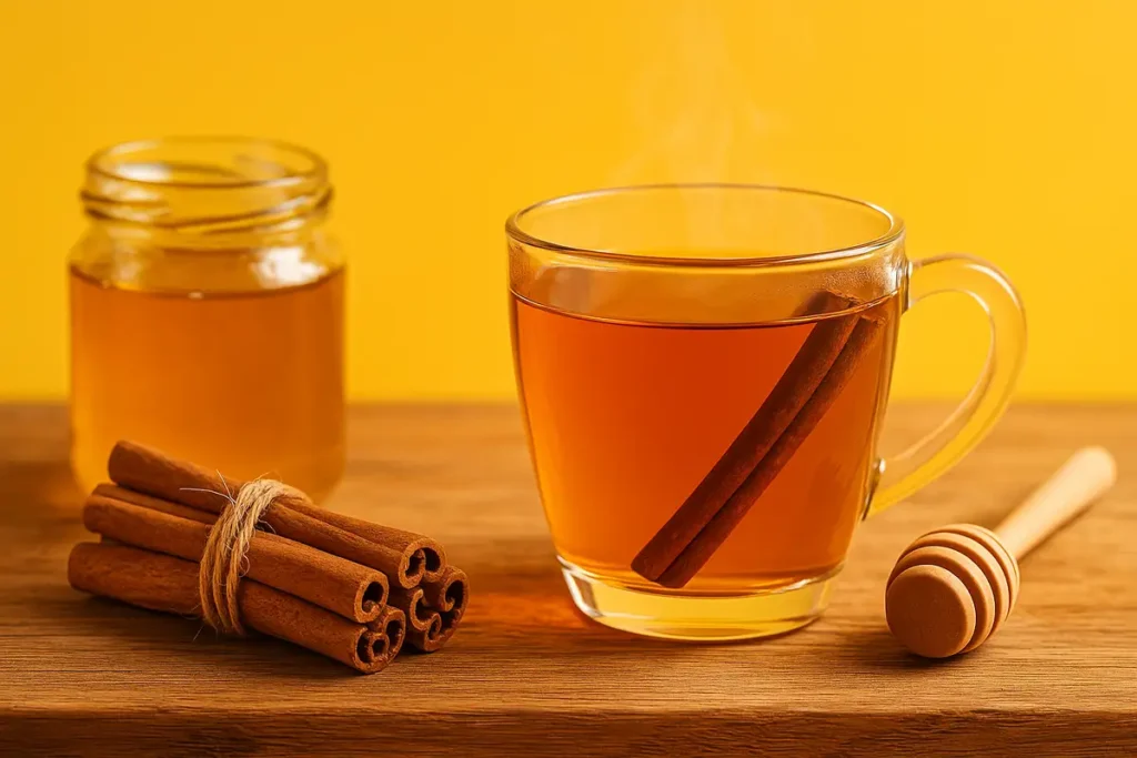 فنجان چای دارچین و عسل داغ روی میز چوبی برای افزایش چربیسوزی بدن