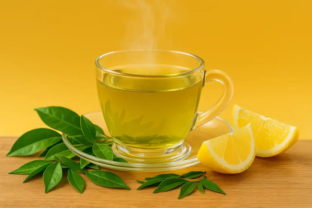 فنجان چای سبز بخاردار با برگهای تازه و برش لیمو برای چربیسوزی زنان