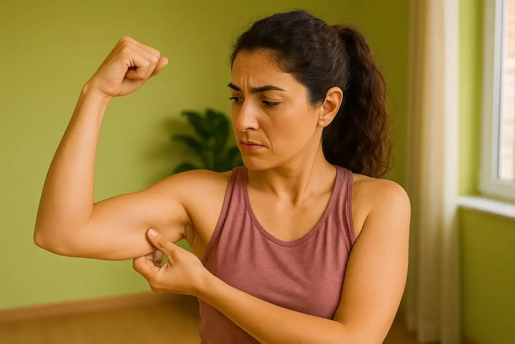 زن در حال نگاه به بازوهای شل خود در آینه پس از کاهش وزن، فضای روشن و انگیزشی