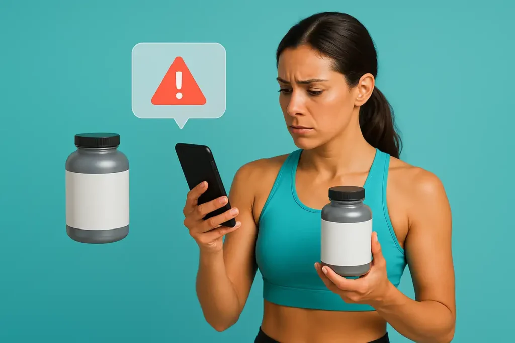 ورزشکار زن در حال بررسی چک‌لیست اقدامات هنگام شک به تقلبی بودن مکمل