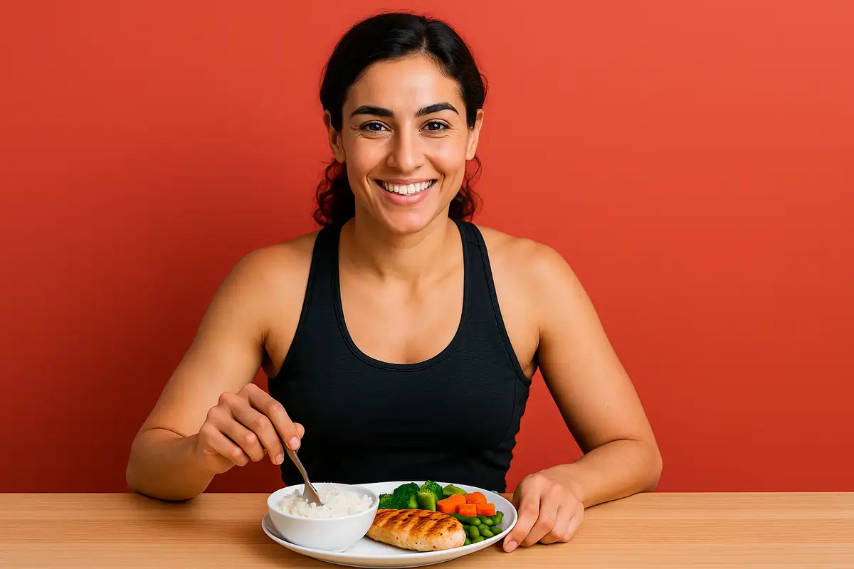 یک زن ورزشکار در حال خوردن وعده غذایی دارای برنج در دوره چربی سوزی