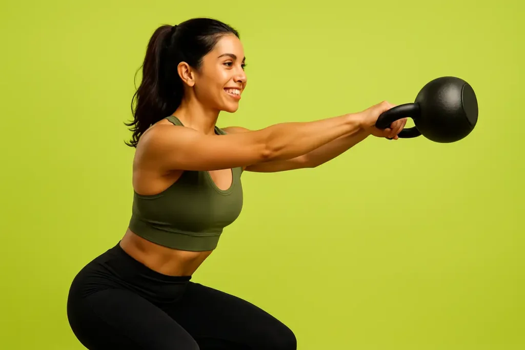 زن ورزشکار در حال اجرای حرکت کتل‌بل برای نمایش کاهش چربی و فرم‌دهی با کراتین